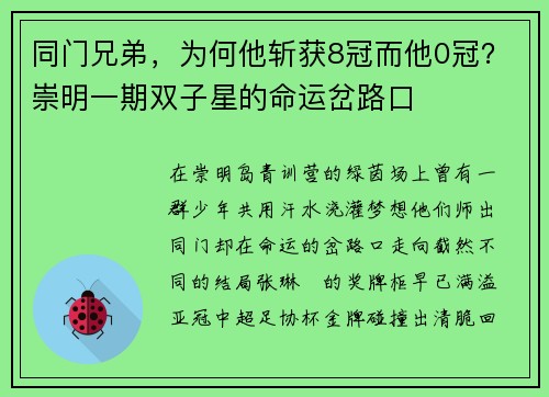 同门兄弟，为何他斩获8冠而他0冠？崇明一期双子星的命运岔路口