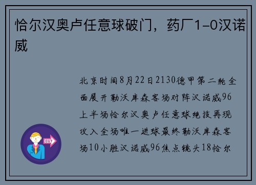 恰尔汉奥卢任意球破门，药厂1-0汉诺威