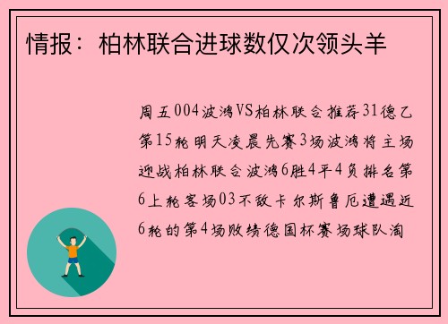情报：柏林联合进球数仅次领头羊